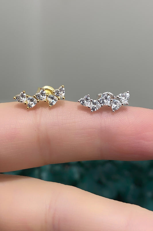 Beş Kalp Yatay Gümüş Çivili Küpe