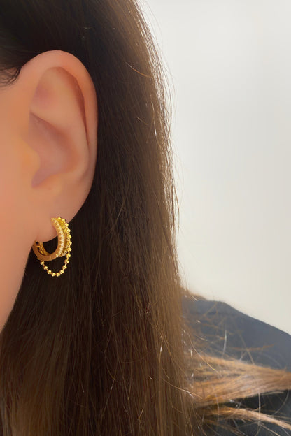 İki Sıra Taşlı Ve Top Boğum Gümüş Halka Küpe