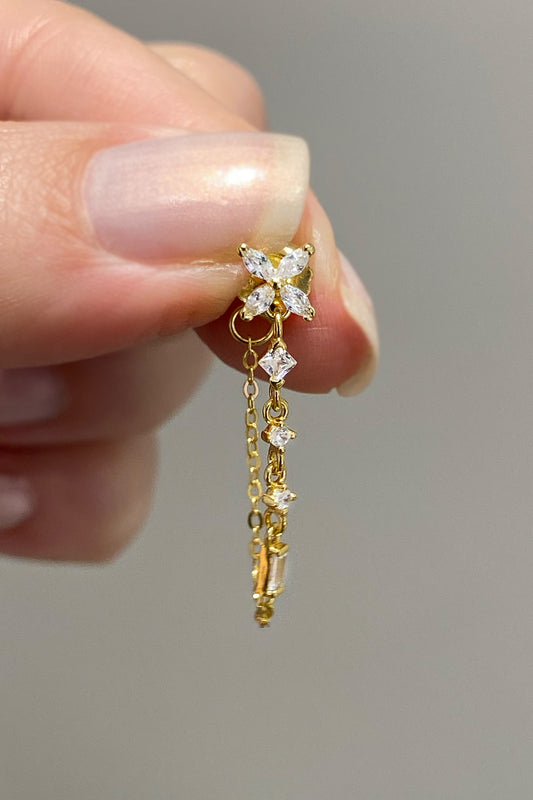 Dört Markiz Çiçek Ve Taşlı Zincir Klips Gümüş Küpe