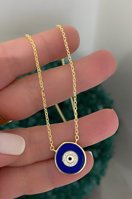 Büyük Lacivert Ve Beyaz Mineli Nazar Gümüş Kolye