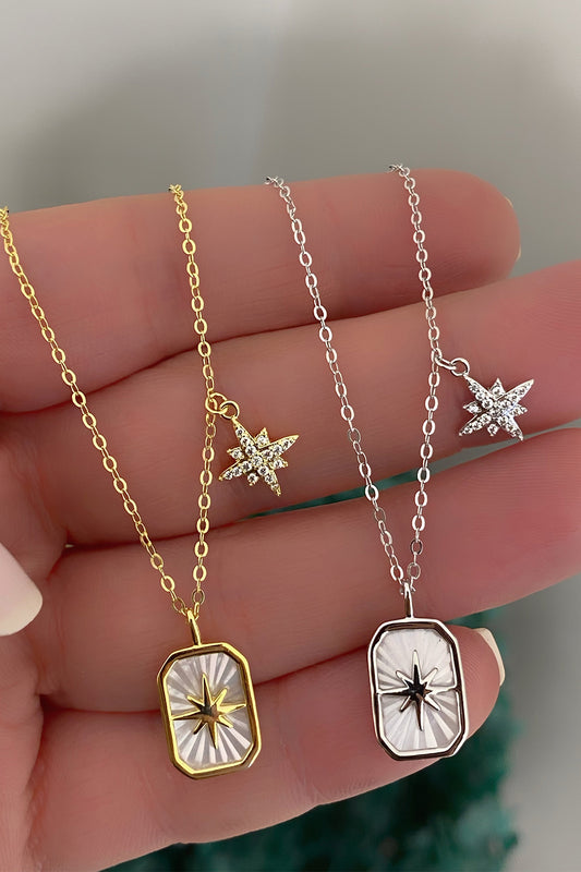 Sedefli Dikdörtgen Ve Taşlı Kutupyıldızı Gümüş Kolye