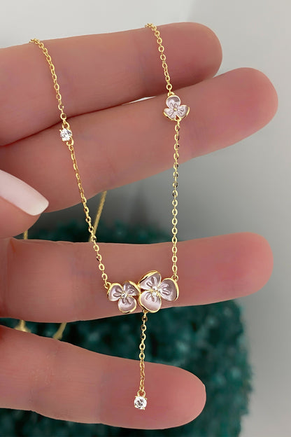 Pembe Mineli Birleşik İki Çiçek Gümüş Kolye