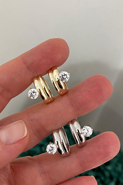Tektaş Ve İki Sıra Taşsız Gümüş Halka Küpe