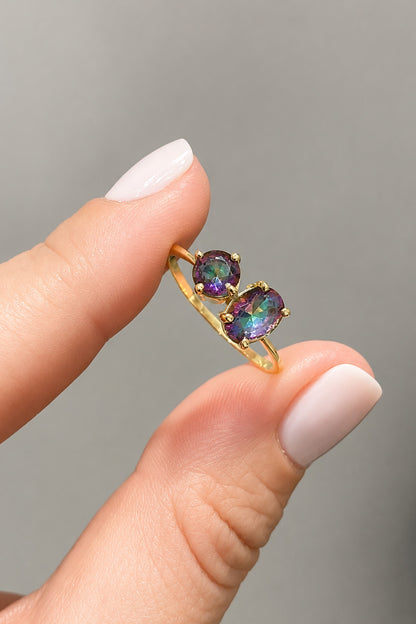 Mistik Topaz Oval Ve Tektaş Gümüş Yüzük