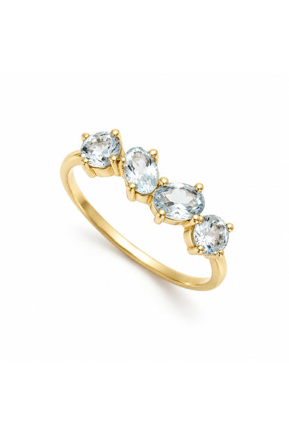 Blue Topaz Baget Oval Ve Tektaş Gümüş Yüzük